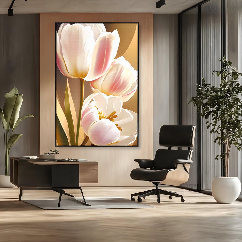 Tablou canvas cu tablou canvas cu trei lalele, in rama de aluminiu negru, pe perete intr-un birou